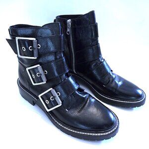 NWOT Rag & Bone Black Patent Leather Canon Buckle Ankle Moto Boots Size 37.5